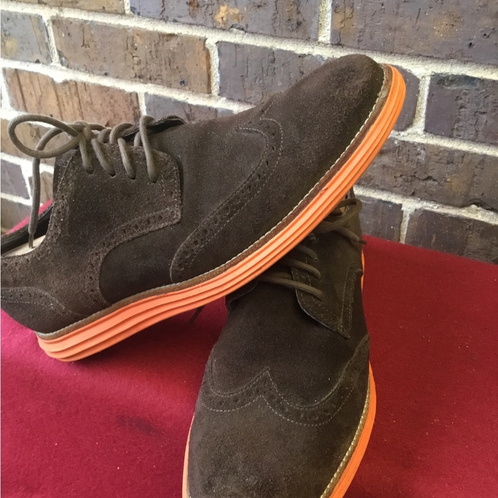 Men's Brown Suede Wingtip Derby Shoes with Orange Sole